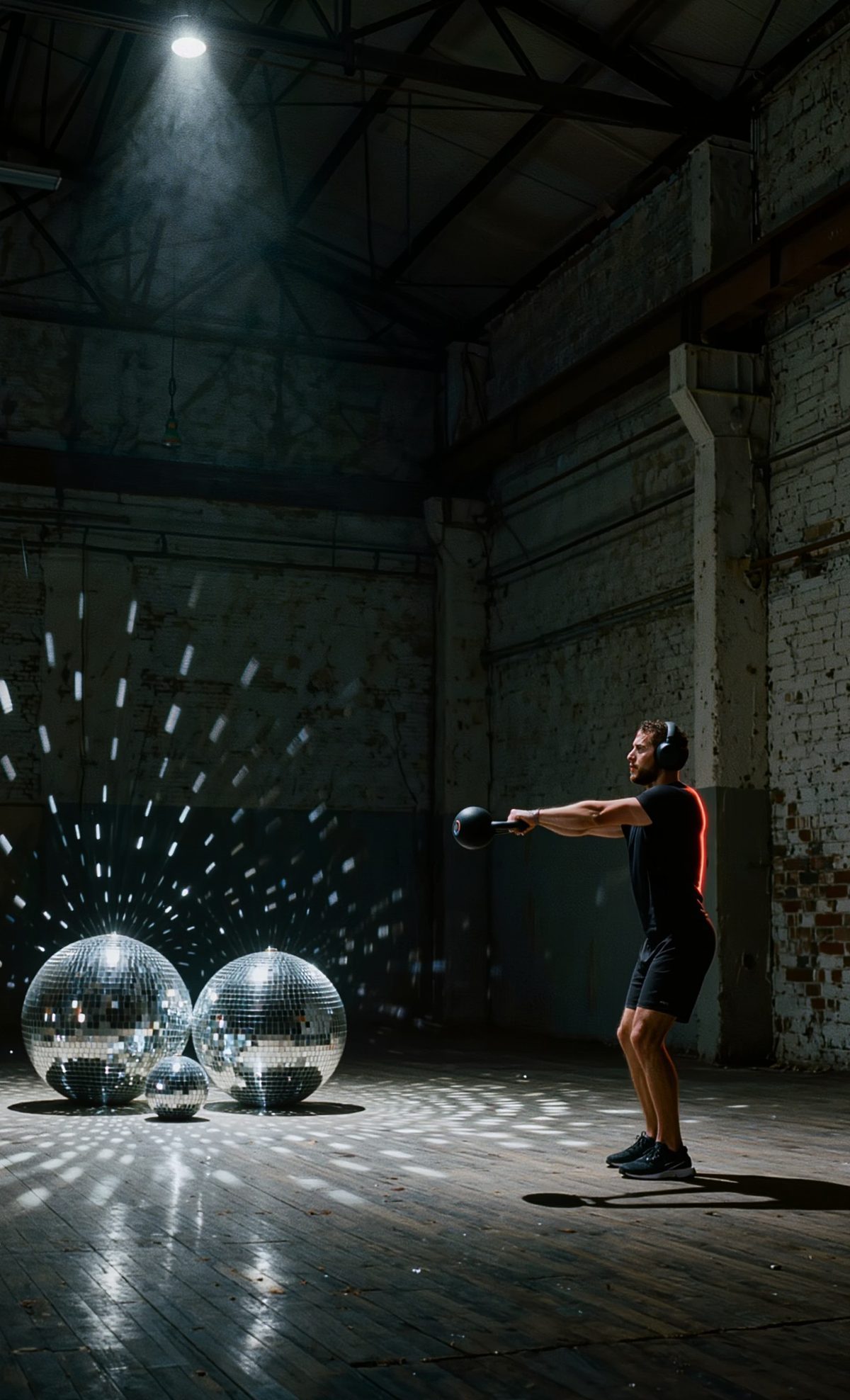 A man swinging a kettlebell in a dark warehouse between three mirror balls