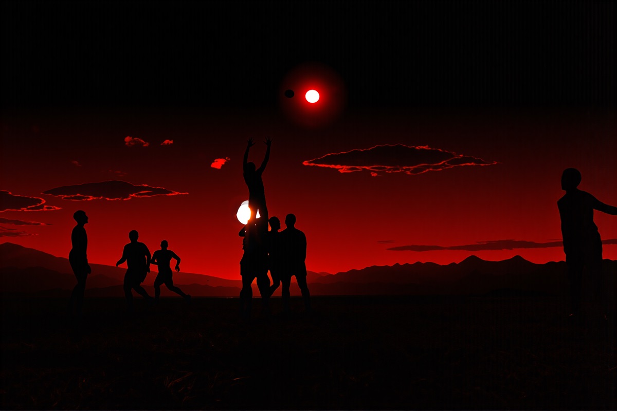 Silhouettes of rugby players at sunrise, lifting a teammate high in a lineout