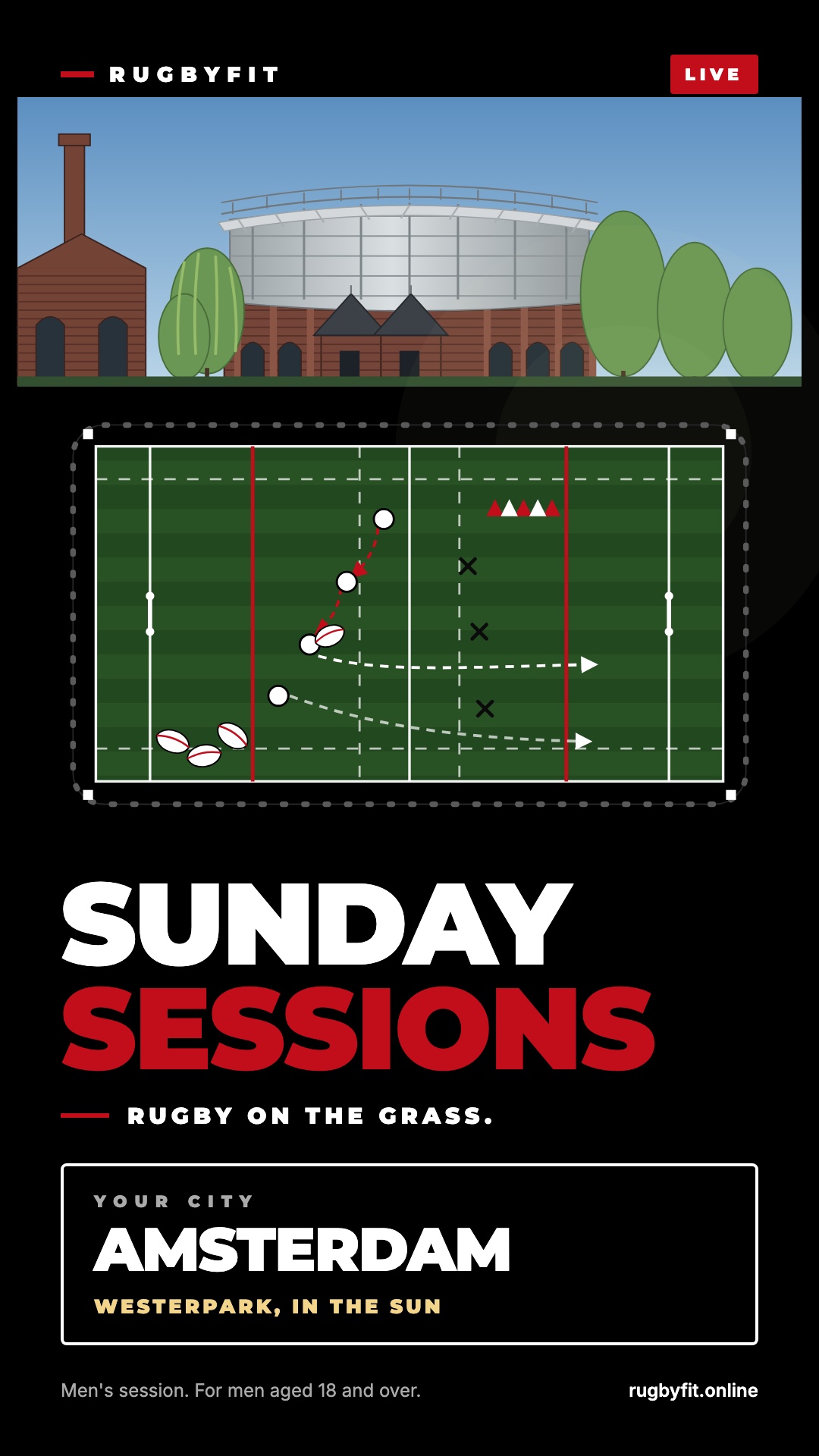 Sunday Sessions. Rugby on the grass. Westerpark mornings, Amsterdam.